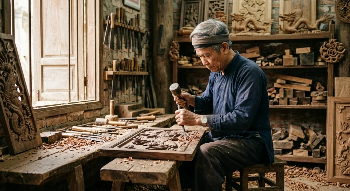 Bức ảnh nghệ thuật về người thợ mộc Việt Nam đang miệt mài làm việc để thể hiện tính cách tuổi sửu kiên định