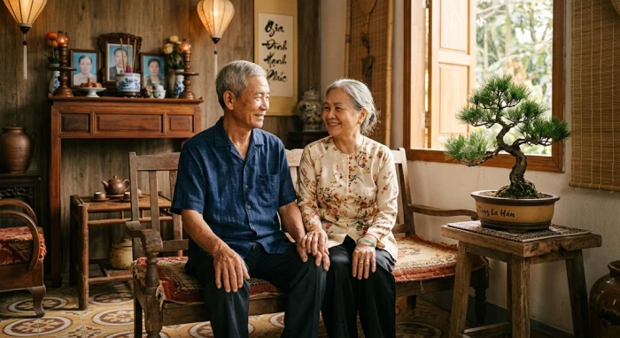 Hình ảnh người cao tuổi thanh bình phản ánh nét tính cách tuổi tân mão 1951 trong không gian gia đình