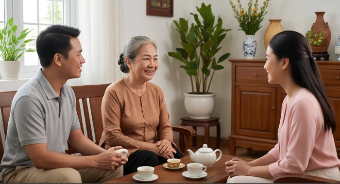 Người mẹ già tuổi tân mão 1951 hiền hậu đang ân cần trò chuyện cùng con cháu trong phòng khách gia đình