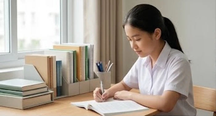 Học sinh tuổi Tân Mão tự giác ôn bài bên bàn học gỗ ngăn nắp với không gian yên tĩnh