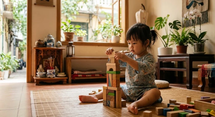 Chân dung em bé Việt Nam đang tập trung xếp hình thể hiện sự kiên định và tính cách tuổi tân sửu 2021