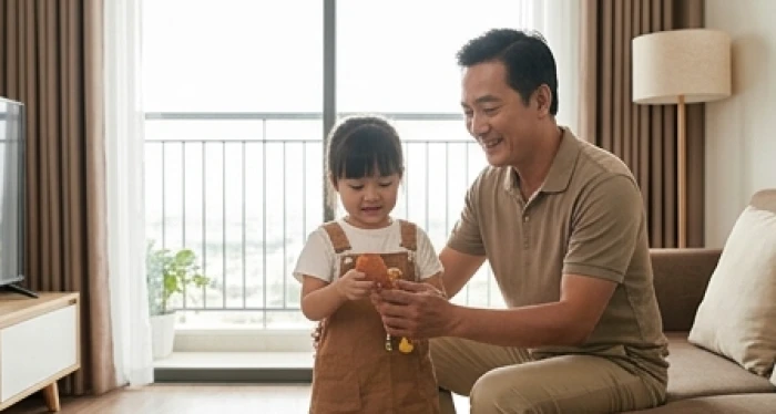 Người cha điềm tĩnh ngồi cùng các con trong phòng khách ấm cúng phản ánh tính cách tuổi tuất tận tâm bảo vệ gia đình