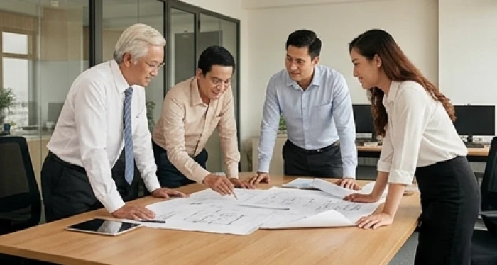 Nhóm đồng nghiệp nhiều thế hệ thảo luận sôi nổi phản ánh sự đa dạng trong tính cách tuổi tuất theo ngũ hành nạp âm