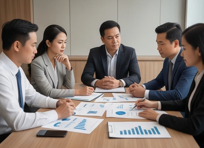 Doanh nhân tuổi Tuất cẩn trọng thảo luận chiến lược hợp tác lâu dài cùng đối tác trên bàn họp văn phòng