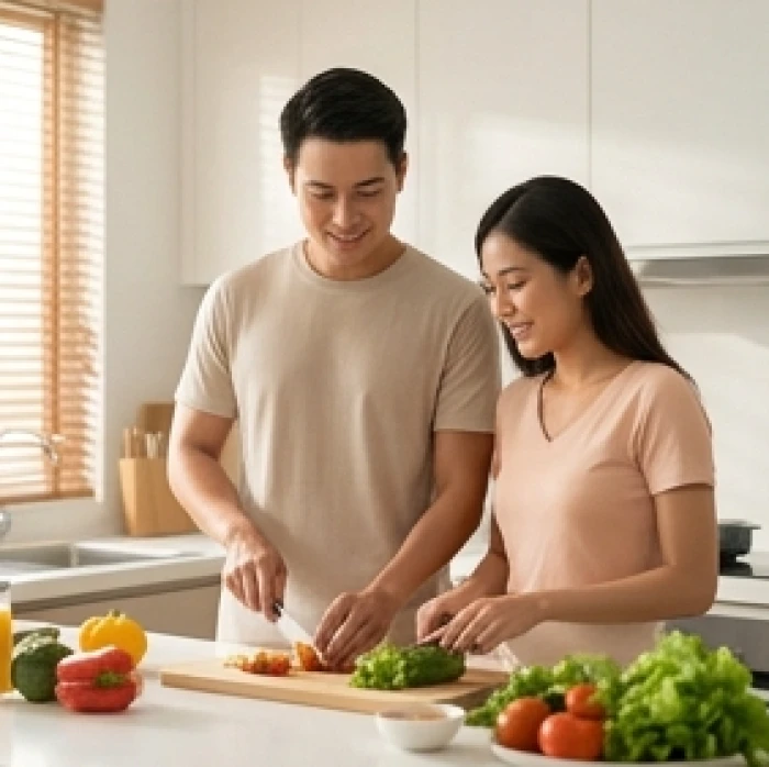 Cặp đôi nam nữ Bính Tý cùng chuẩn bị bữa ăn nhẹ trong phòng bếp hiện đại thể hiện sự quan tâm chu đáo trong tình yêu