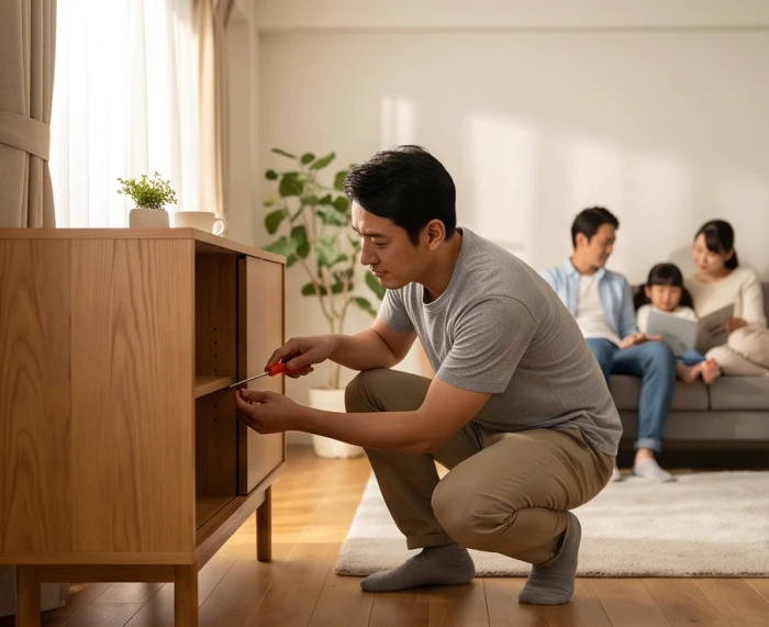 Người chồng tận tụy tự tay sửa chữa đồ đạc trong nhà thể hiện trách nhiệm gia đình thực tế