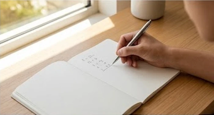 Người phụ nữ đang cầm bút ghi chép và tính toán các con số trên sổ tay đặt trên bàn gỗ