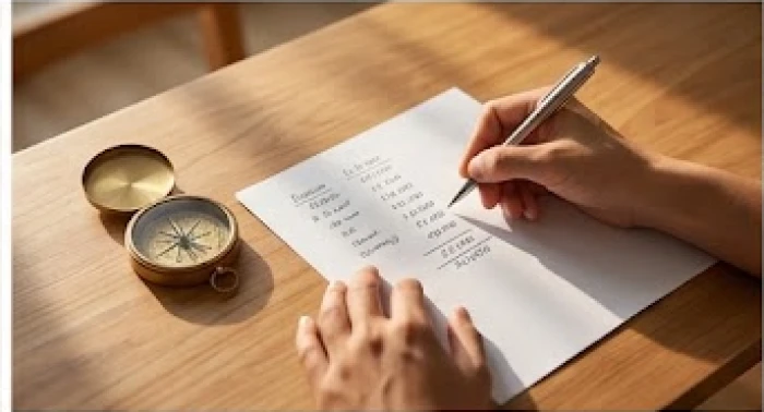 Bàn tay người đang ghi chú các con số tính toán cung mệnh trên một tờ giấy trắng đặt cạnh chiếc la bàn đồng.