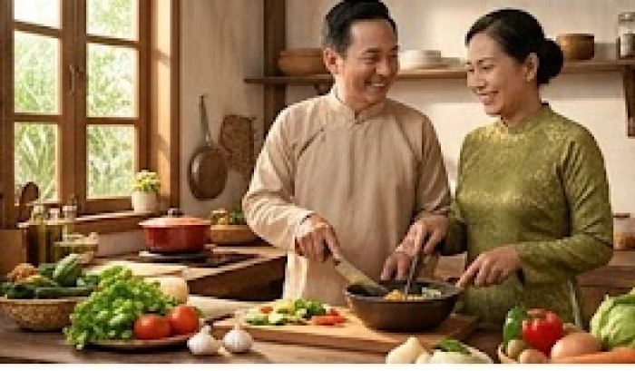 Cặp vợ chồng tuổi trung niên vui vẻ cùng nhau chuẩn bị bữa ăn gia đình ấm cúng và đầy ắp tiếng cười