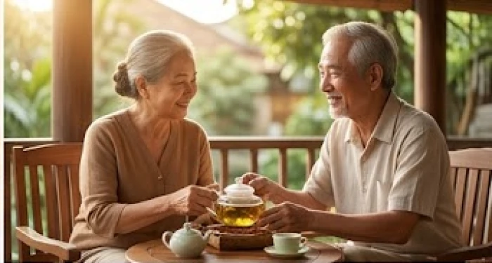 Đôi vợ chồng cao tuổi ngồi bên nhau thưởng trà trên hiên nhà đầm ấm thể hiện sự viên mãn tình duyên tuổi trung vận