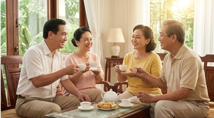 Gia đình người Việt trung niên sum họp hạnh phúc bên bàn trà ấm cúng trong phòng khách tràn ngập ánh sáng