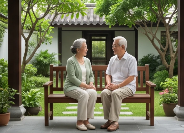 Vợ chồng cao tuổi sinh năm kỷ sửu 1949 cùng nhau thưởng trà hòa thuận trong khuôn viên sân vườn