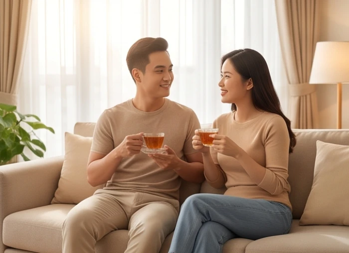 Hai vợ chồng trẻ trò chuyện thấu hiểu cùng nhau bên tách trà ấm trong phòng khách gia đình