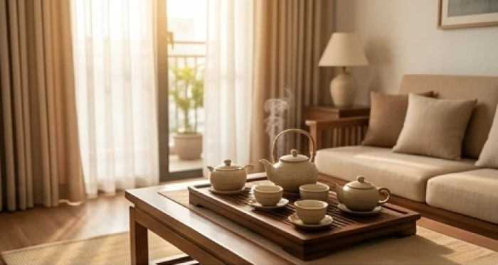 Bàn trà truyền thống ấm cúng trong phòng khách thể hiện sự hòa thuận gia đạo tuổi Quý Mão