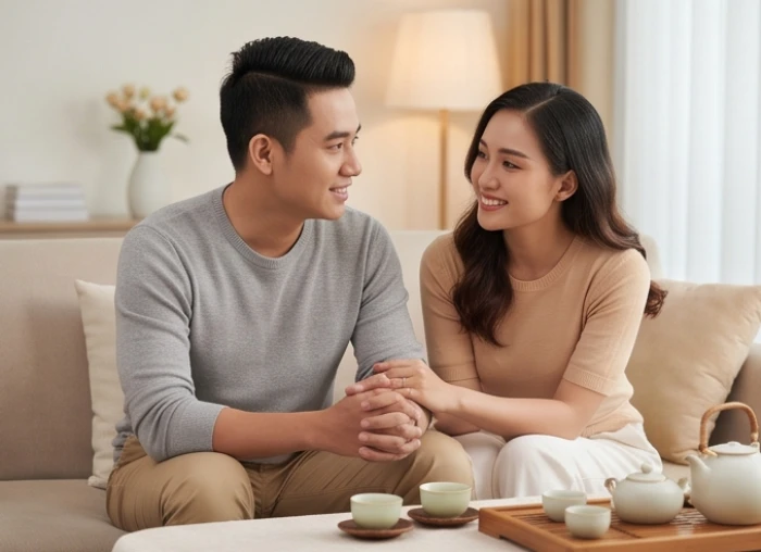 Cặp vợ chồng trẻ cùng ngồi trò chuyện thấu hiểu và chia sẻ hạnh phúc ấm áp bên bàn trà trong phòng khách gia đình