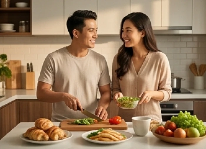 Cặp vợ chồng tuổi Dần cùng nhau chuẩn bị bữa cơm ấm cúng trong gian bếp hiện đại thể hiện gia đạo bình an