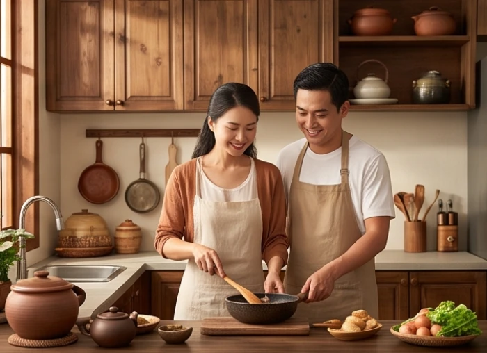 Đôi vợ chồng hạnh phúc cùng nhau chuẩn bị bữa ăn gia đình trong căn bếp mang phong cách truyền thống.