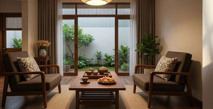 Không gian phòng khách ấm cúng với trà nước trang nhã tạo cảm giác bình yên và thấu hiểu trong đời sống gia đạo
