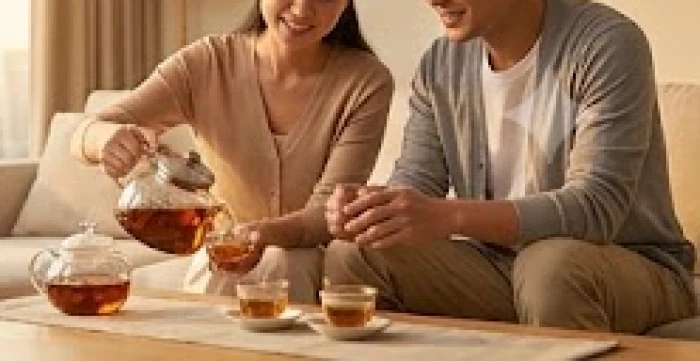 Cặp đôi đang vui vẻ cùng nhau pha trà trong không gian phòng khách mang đậm nét truyền thống và ấm áp