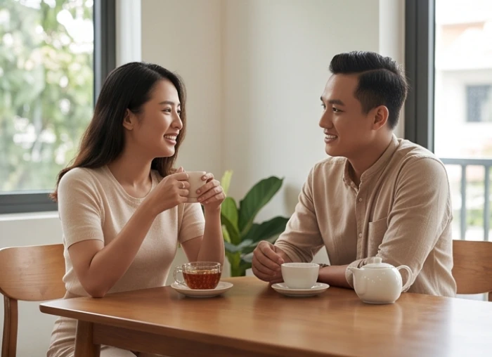 Cặp đôi thanh niên nói chuyện chân thành trong quán cà phê ấm cúng thể hiện sự gắn kết và tin tưởng