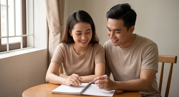 Cặp đôi trẻ trưởng thành trò chuyện ấm áp bên bàn cà phê trong không gian sống hiện đại