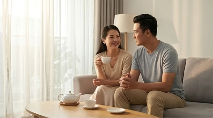 Cặp đôi vợ chồng nam Mậu Dần trò chuyện thấu hiểu và chia sẻ mục tiêu cuộc sống bên tách trà ấm cúng