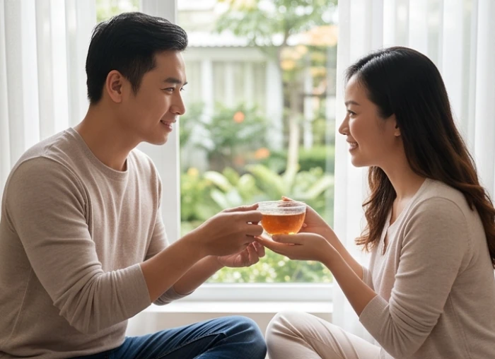 Chàng trai quan tâm mang ly nước ấm cho bạn gái Nhâm Ngọ 2002 thể hiện sự chăm sóc nhẹ nhàng và lãng mạn tinh tế