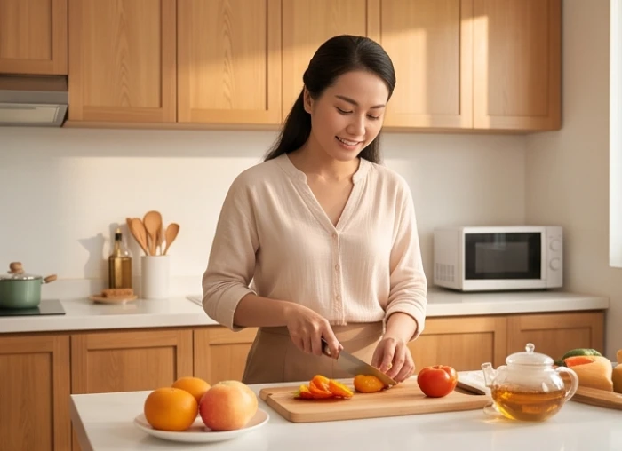 Người phụ nữ Canh Ngọ chu đáo sắp xếp công việc gia đình trong căn bếp ngăn nắp thể hiện bản tính thực tế của Lộ Bàng Thổ