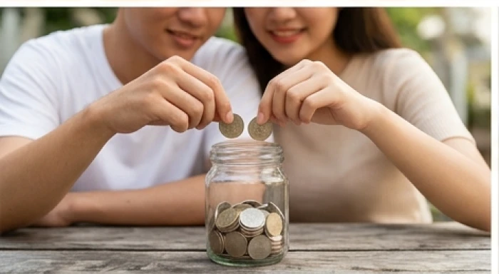 Đôi bàn tay nam và nữ cùng cầm những đồng tiền xu tiết kiệm thả vào một chiếc hũ thủy tinh trong suốt