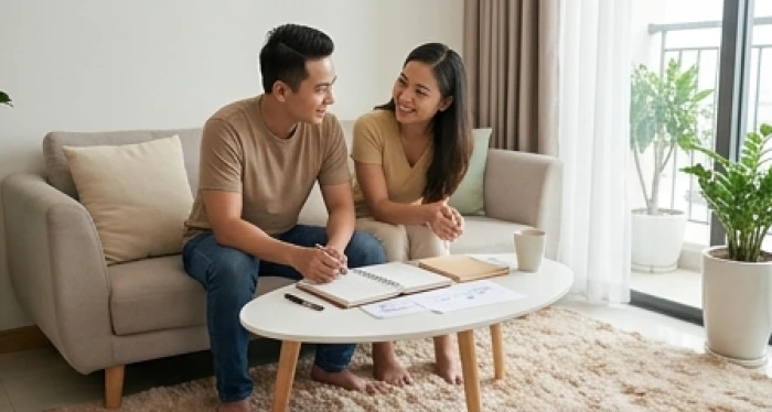 Cặp vợ chồng trẻ chia sẻ mục tiêu tài chính gia đình giúp dung hòa những bất đồng trong đời sống hôn nhân