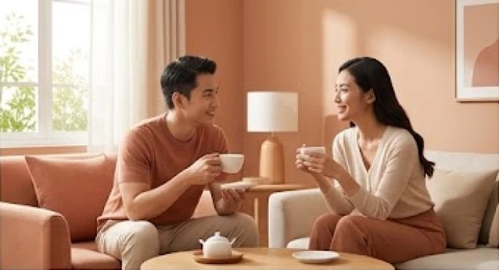Cặp đôi trẻ trò chuyện thấu hiểu và hòa hợp bên bàn trà trong không gian gia đình ấm cúng và hạnh phúc