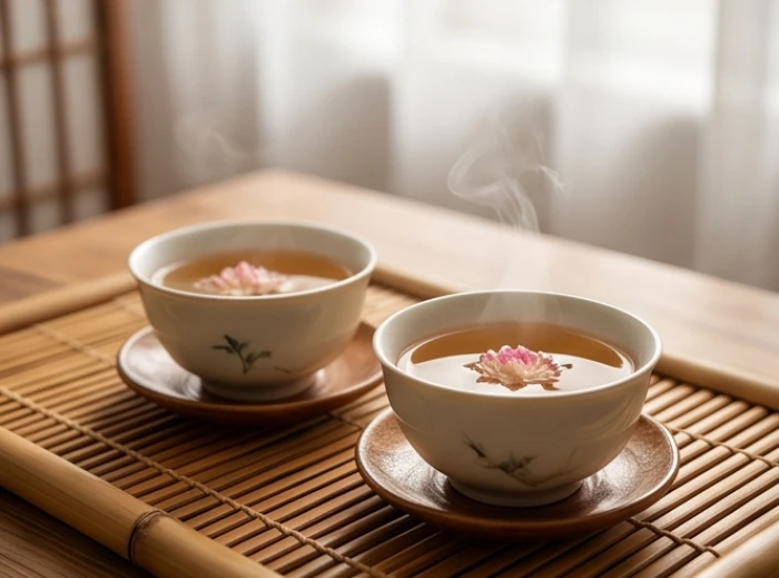 Hai tách trà sen ấm áp đặt cạnh nhau trên chiếc bàn tre truyền thống