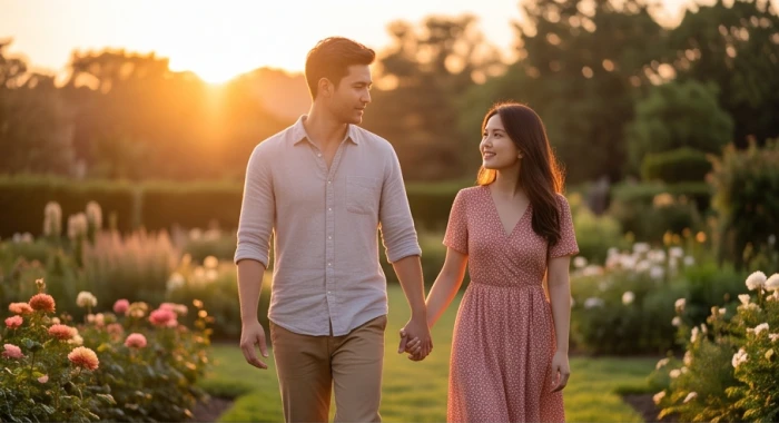 Một cặp đôi đang nắm tay nhau cùng dạo bước trong khung cảnh chiều tà lãng mạn đầy bình yên