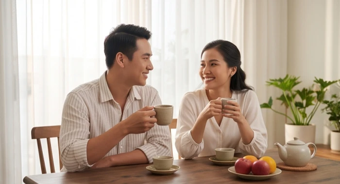 Cặp vợ chồng trẻ tuổi Quý Dậu cùng ngồi trò chuyện vui vẻ bên bàn trà trong không gian gia đình ấm cúng
