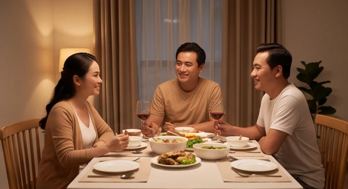 Gia đình tuổi Bính Dần quây quần vui vẻ bên bàn ăn tối ấm áp với ánh đèn dịu nhẹ trong năm mới