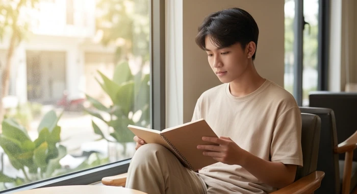Bạn trẻ tuổi Bính Tuất đọc sách trong không gian yên tĩnh tập trung phát triển bản thân trước khi bước vào hôn nhân