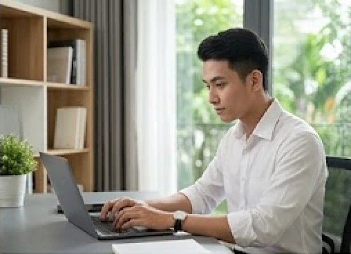 Chàng trai bính tý chuyên tâm làm việc bên máy tính thể hiện sự tập trung xây dựng sự nghiệp vững chắc