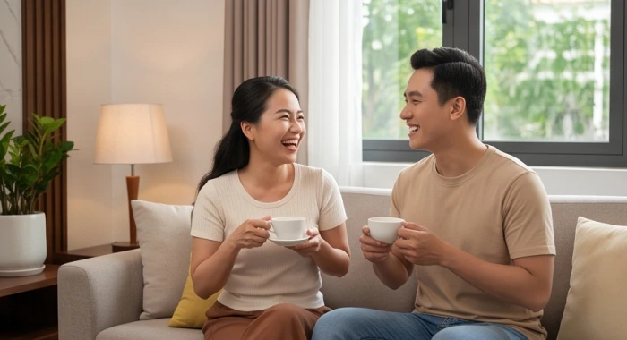 Cặp đôi vợ chồng trẻ tuổi Canh Thìn cùng nhau trò chuyện vui vẻ bên bàn trà trong phòng khách