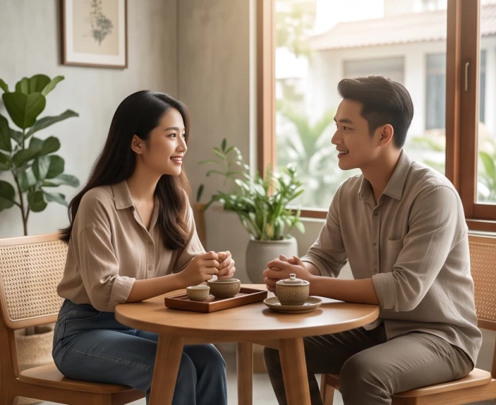 Cặp đôi nam nữ trẻ trò chuyện vui vẻ trong không gian quán trà ấm cúng và thanh lịch