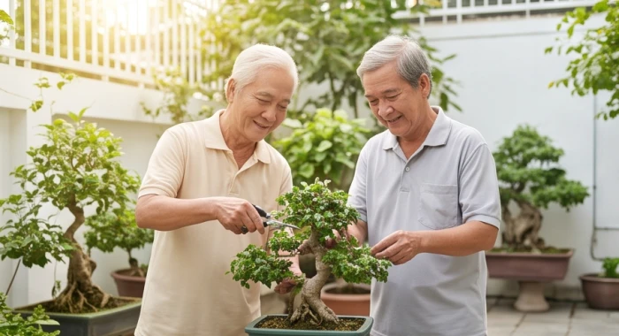 Vợ chồng cao tuổi cùng nhau chăm sóc chậu cây xanh trong sân vườn ngập ánh sáng thể hiện gia đạo an vui tuổi xế chiều