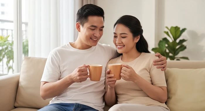 Gia đình nhỏ ấm cúng với đôi vợ chồng tuổi Dần và Ngọ đang vui vẻ trò chuyện bên bàn trà phòng khách