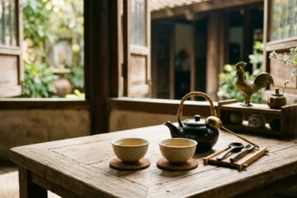 Không gian tĩnh lặng với đôi chén trà gốm sứ và linh vật phong thủy hỗ trợ tình duyên tuổi dậu