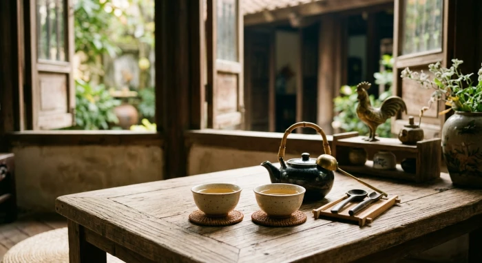 Không gian tĩnh lặng với đôi chén trà gốm sứ và linh vật phong thủy hỗ trợ tình duyên tuổi dậu