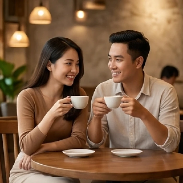 Cặp đôi trẻ tuổi Giáp Thân ngồi uống trà trò chuyện thấu hiểu để hóa giải những mâu thuẫn trong tình cảm