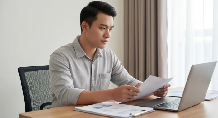 Nam thanh niên tuổi Giáp Tuất suy tư bên bàn làm việc với hồ sơ công việc phản ánh sự ưu tiên sự nghiệp thời tiền vận