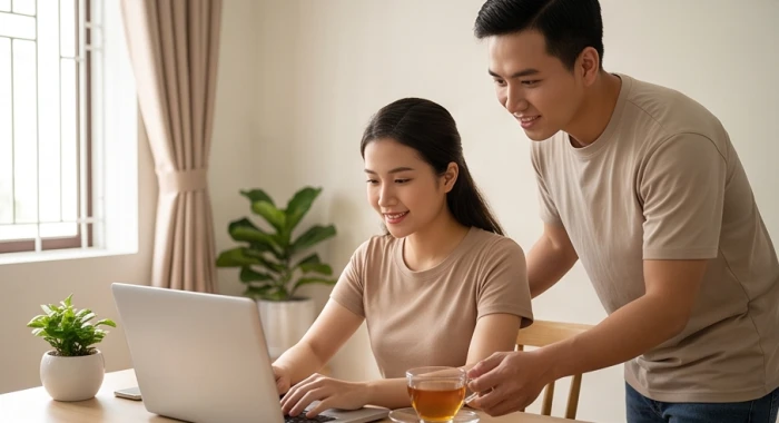Người vợ trẻ tuổi Kỷ Sửu say mê làm việc trên máy tính cùng sự chia sẻ ân cần từ người chồng