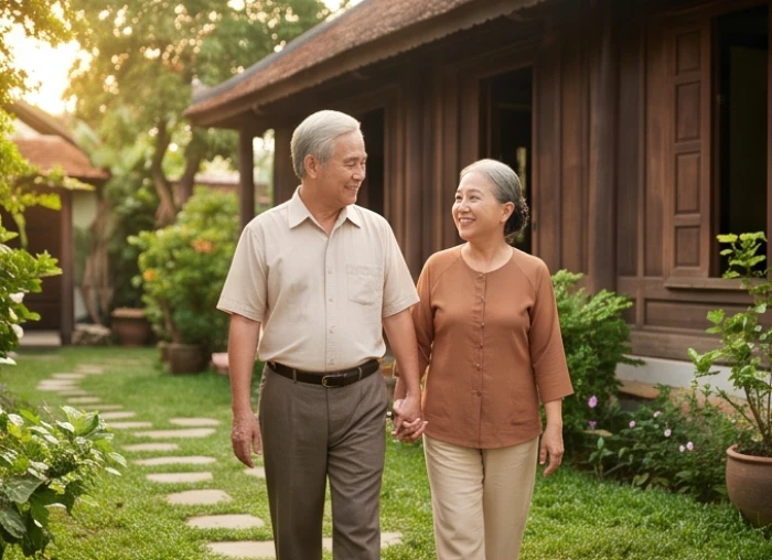 Cặp vợ chồng cao tuổi vui vẻ đi dạo trong sân vườn tràn ngập cây xanh thể hiện tình duyên viên mãn tuổi mậu tý