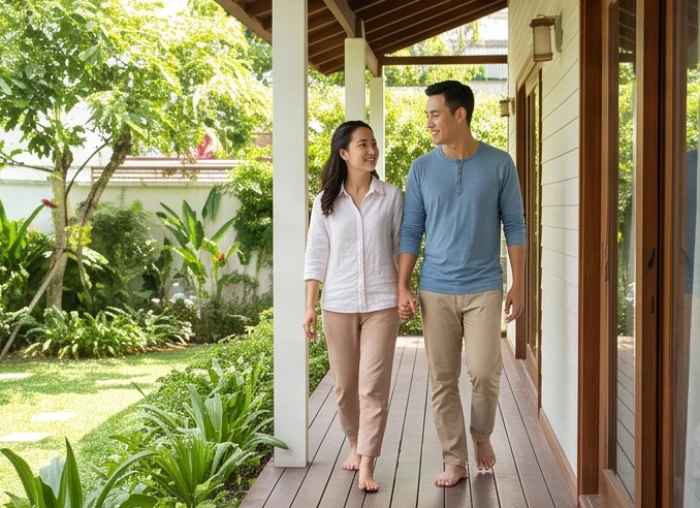 Gia đình người tuổi Ngọ dạo bước thư thái ngoài hiên nhà rợp bóng cây xanh phản ánh năng lượng tích cực của người sinh mùa Xuân