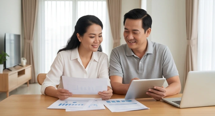 Vợ chồng trung niên tuổi Nhâm Tuất cùng nhau lập kế hoạch tài chính gia đình trong không gian phòng khách ấm cúng