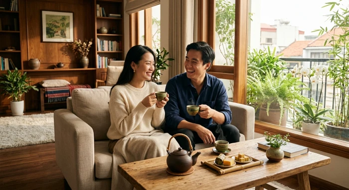 Vợ chồng trẻ đầm ấm trong không gian phòng khách kiểu Việt Nam tượng trưng cho tình duyên tuổi sửu viên mãn